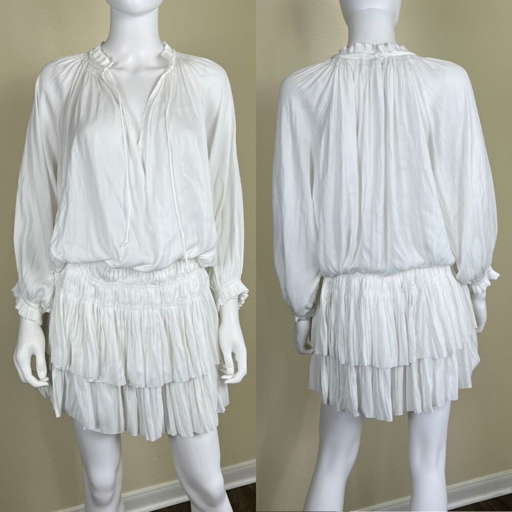 Current Air Women's Size L White Aurelie Pleated Tiered Ruffle Mini Smock Dress